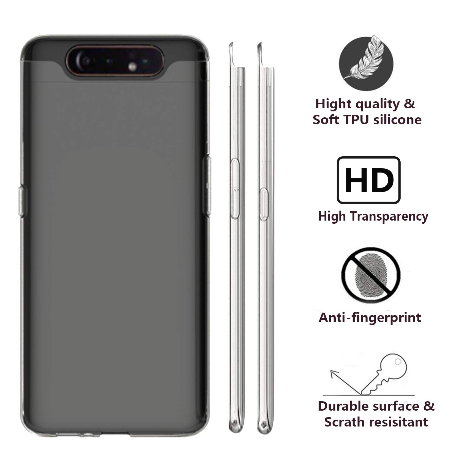 AILRINNI Coque pour Samsung A80 + Verre trempé Protection écran, Souple Etui Transparente Silicone TPU Bumper Housse de Protection pour Samsung Galaxy A80 2019