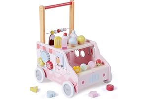 labebe Wooden Baby Walker, Push Activity Walker for Kids 12M+, Multifunctional Ice Cream Cart Activity, Adjustable Speed Learning Walking with Wheels, Birthday Gift for Girls Boys Ages 1-3 (Pink)