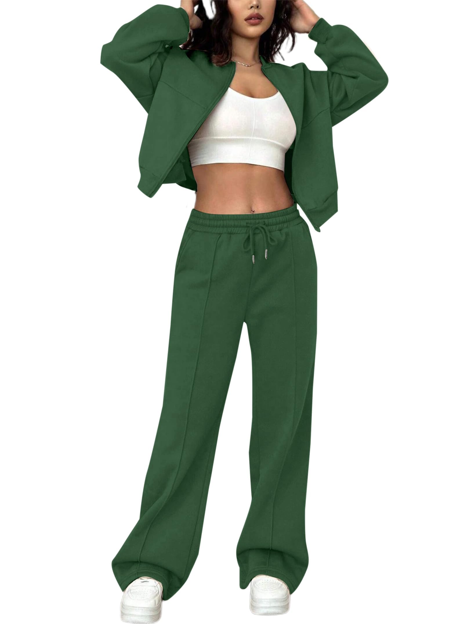 View 1 of ***MISSING SWEATER *** LovelyWholesale Women Sweatsuits 2 Piece Set Zip Up Sweatshirt and Wild Leg Sweatpants Set Green X-Large