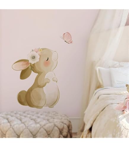 Cute Pink Bunny Butterfly Wall Stickers - Removable Vinyl Decals For Kids Room, Nursery, Bedroom Decor