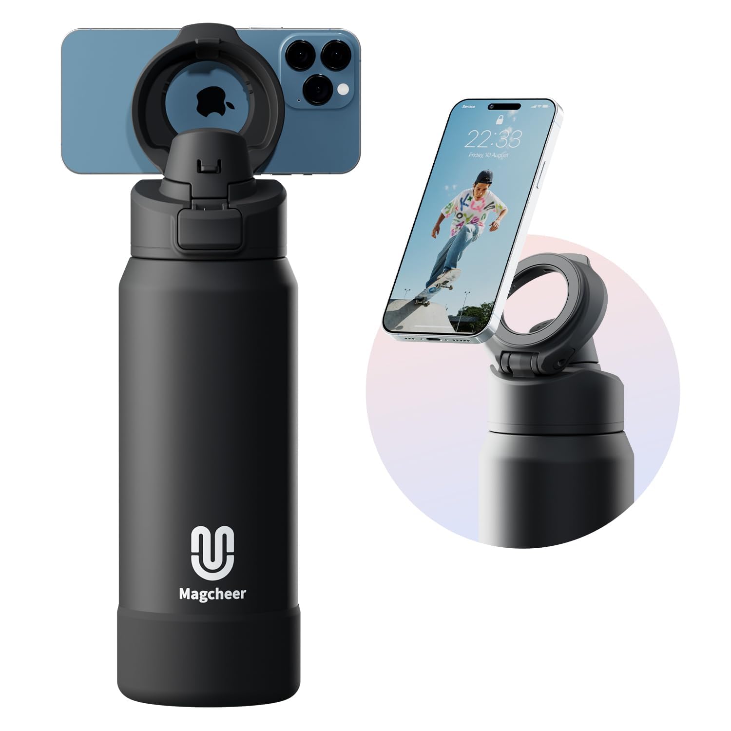 magcheer 1L Magnetic Water Bottle with Phone Holder Compatible with MagSafe Insulated Gym Cold Drink Bottle for 24 Hours Tripod Bottle for Travel & Fitness Selfie(Black)
