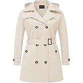 CREATMO US Women's Plus Size Trench Coat Double-Breasted Classic Lapel Overcoat Belted Outerwear Coat with Detachable Hood