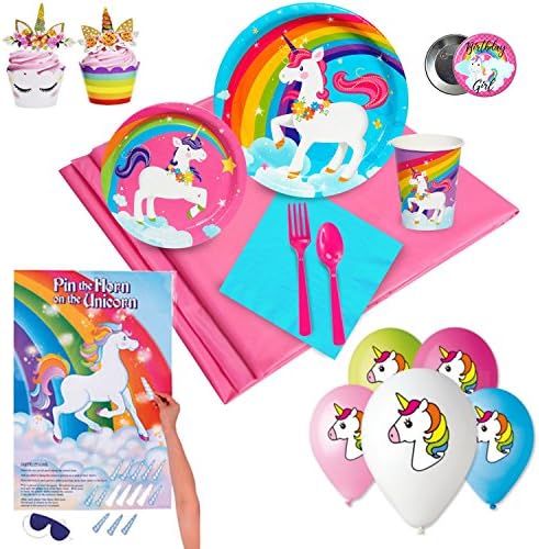 Unicorn Party Supplies Set for 16 People - Plates, Cups, Napkins, Decorations and Pin The Horn On The Unicorn Game