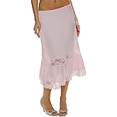 Aonoapll Women Satin Lace Long Skirt Elastic Waist Silky Lace Trim Midi Skirt Y2k Half Slip Maxi Skirts for Under Dress