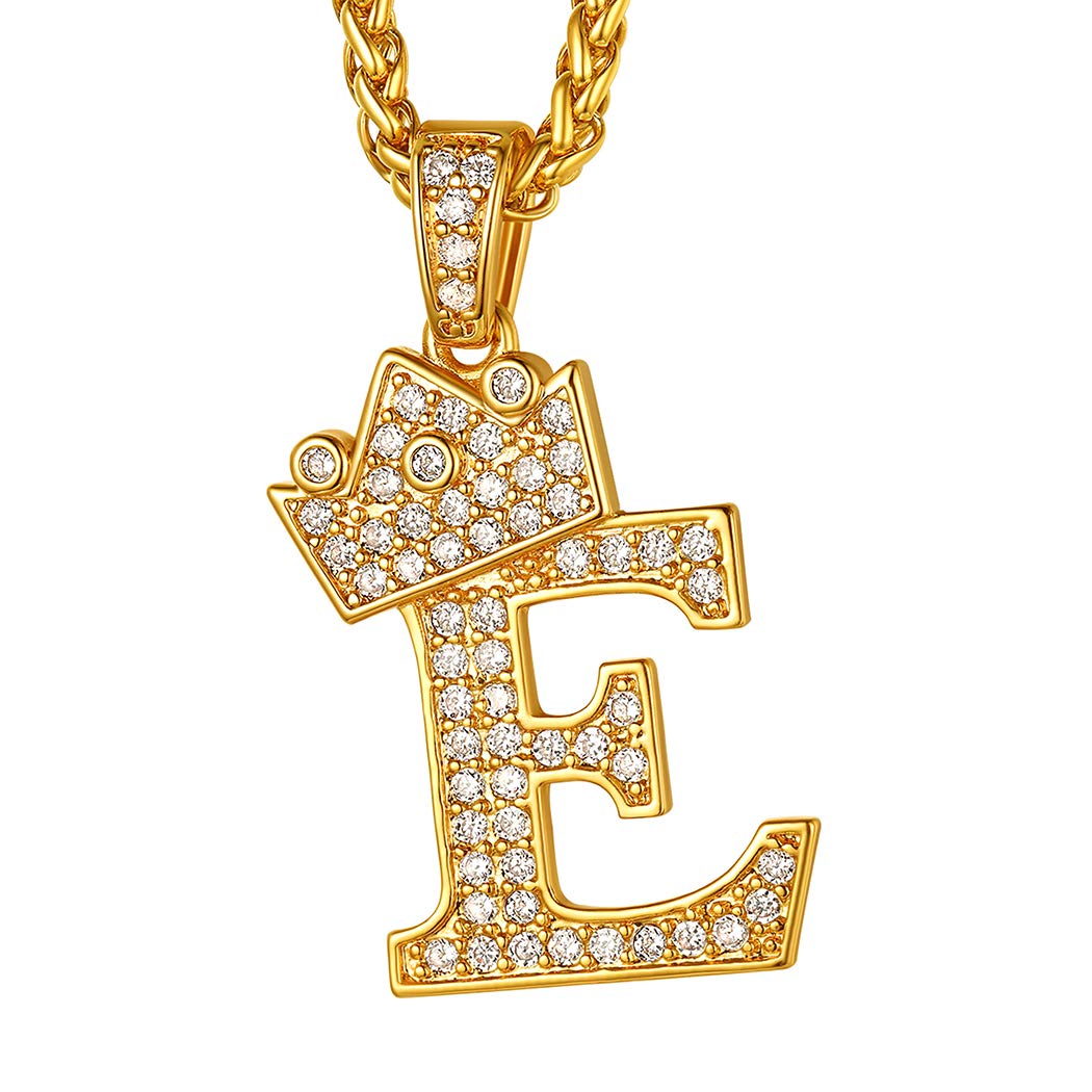 Suplight Mens/Womens King Crown Chain, Cubic Zirconia CZ Alphabet Monogram Jewelry, Gold Hip Hop Charm Ice Bling Initial Letter E Pendant Tennis Necklace — image 1