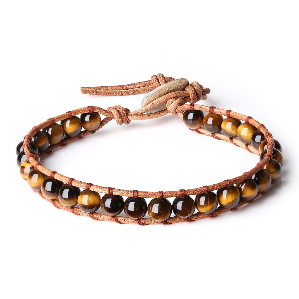 COAI Leather Genuine Crystals Tiger Eye Stones Mala Beads Chakra Bracelet