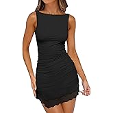 Caracilia Women Sexy Mesh Ruched Mini Dress 2026 Summer Sleeveless Bodycon Boat Neck Club Party Cocktail Short Dresses