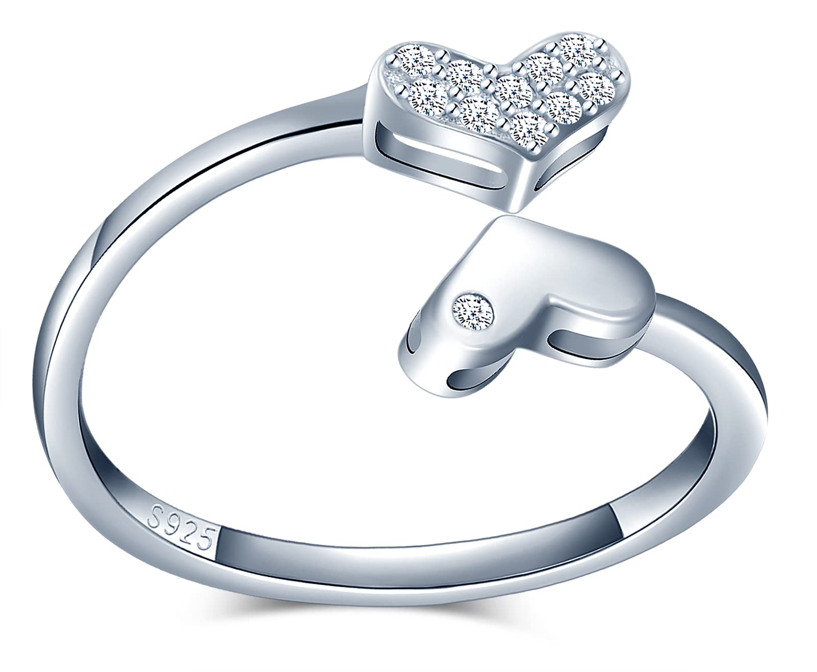 CPSLOVE Women's Girl's Heart Ring, 925 Sterling Silver ring, Heart Tail ring, Inlaid zircon, Open ring, Adjustable ring size, Wedding Ring, Engagement Ring, Suitable Finger Circumference:48.5-57mm