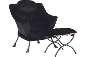 SESHINELL Lazy Chair with Ottoman, Modern Accent Chair Lounge Leisure Sofa Chair with Armrests, Reading Chair and Folding Footstool for Living Room, Bedroom, Office, Plush Black
