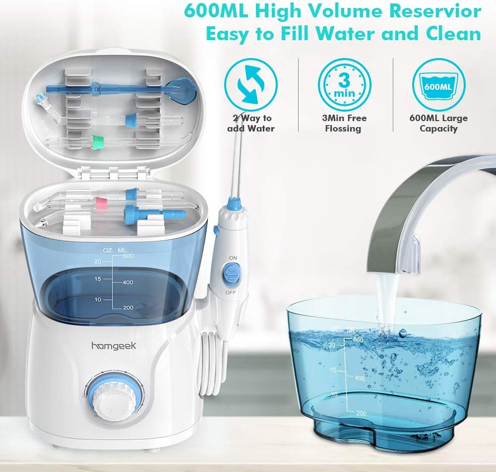 Upgrade Water Flosser, 600ML Water Flosser Teeth Cleaner for Family, Homgeek Anti Leakage Dental Water Flosser Oral Irrigator 10 Adjustable Pressure with 7 Multifunctional Tips (600ML): Health & Personal Care