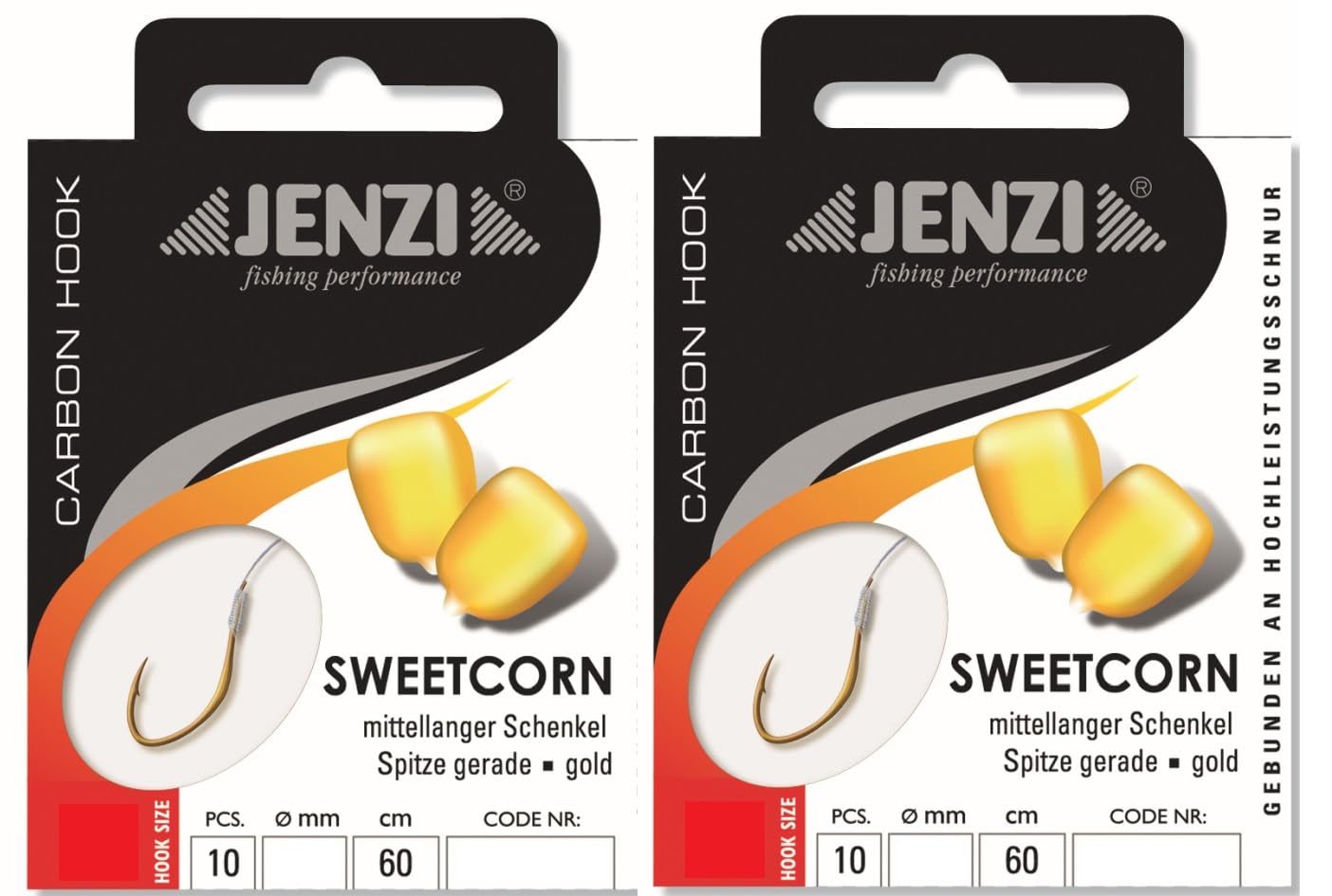 Set: 2 packs of tied corn hooks carp by Jenzi, all-round hooks, (20 pieces) on mono line 60 cm, hook size 6, 8, 10, 12 leaders ready + free Petri Heil! sticker (hook size 8)