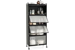 LOKO 5-Tier Kitchen Storage Cabinet, Freestanding Baker’s Rack with 4 Rolling Casters, Mobile Microwave Stand with Double Anti-toppling Device, for Dining Room, Living Room and Study, Black