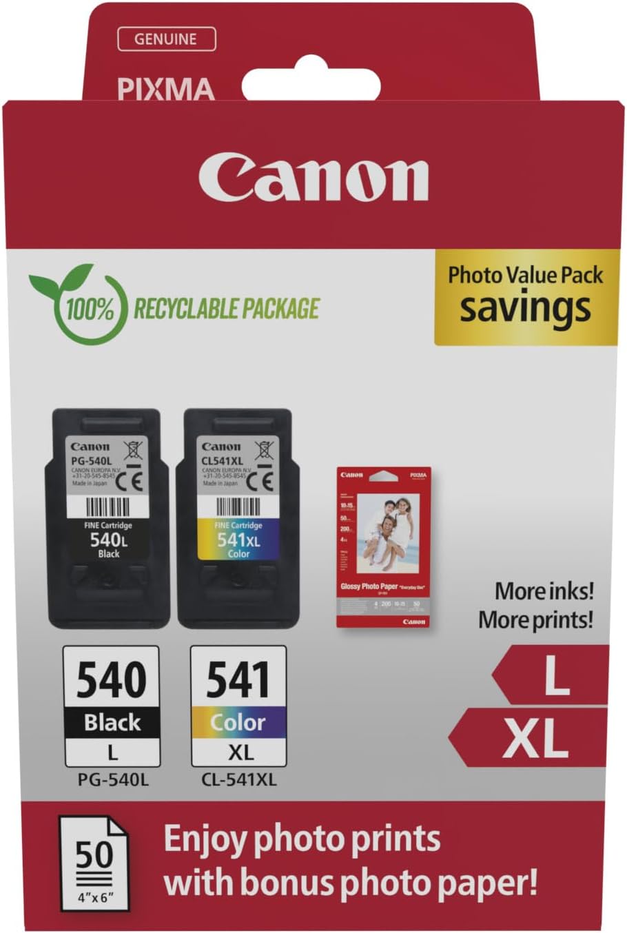 Canon PG540L CL541XL High Yield Ink Cartridges Pack of 2 with Photo Paper