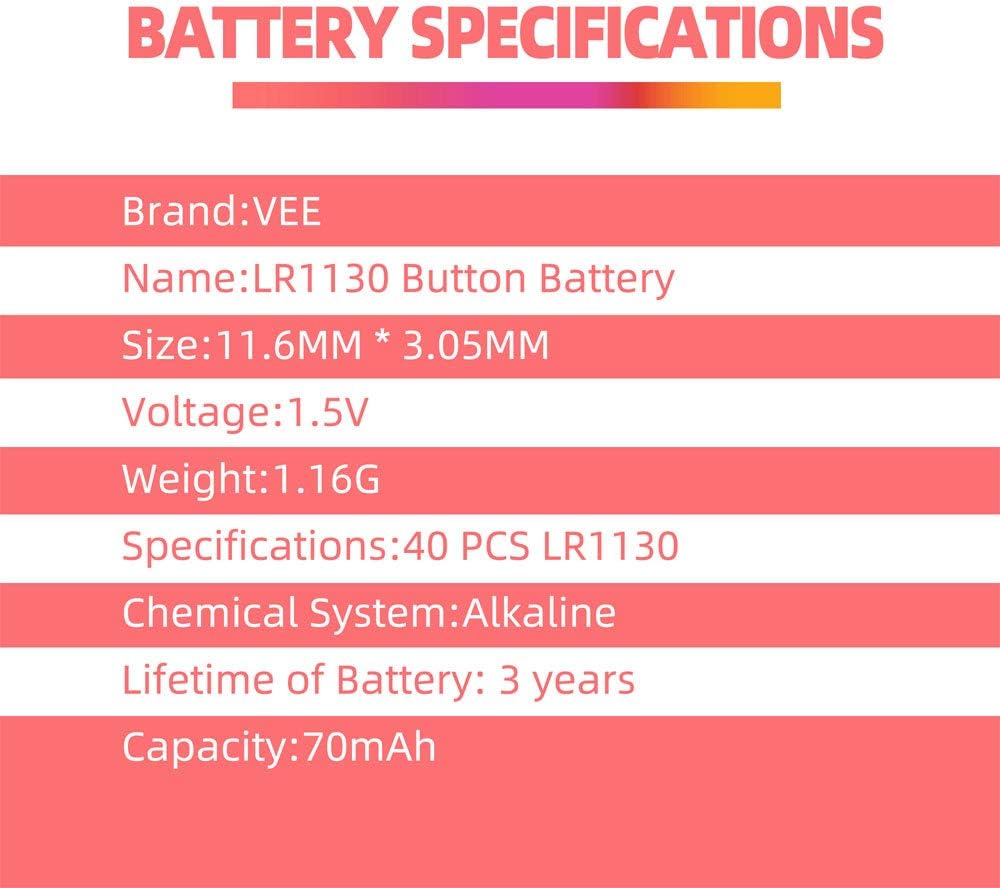 VEE LR1130 Battery AG10 389A LR54 1.5V Alkaline Button Battery 40pcs: Home Audio & Theater