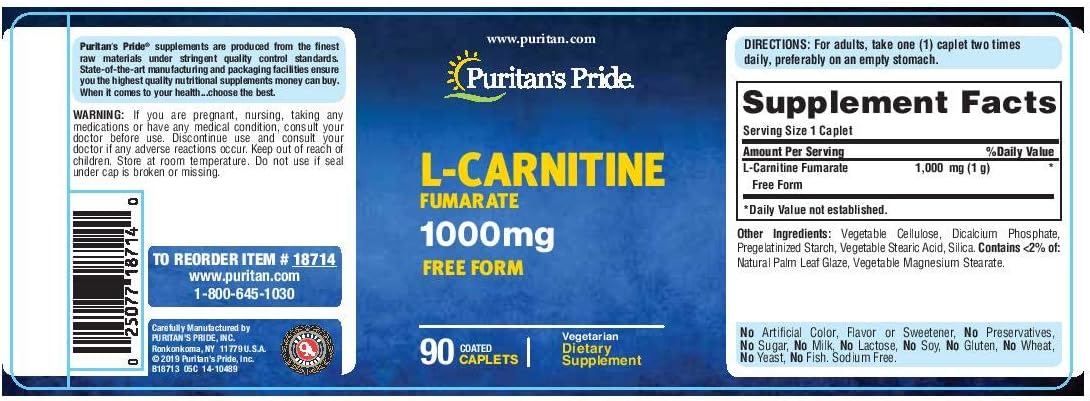 Puritan's Pride L-Carnitine Fumarate 1000 mg-90 Caplets: Health & Personal Care