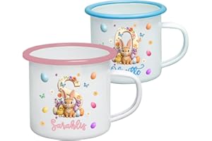 Personalized Name Letter Initial Rabbit Bunny and Egg Easter Enamel Coffee Mugs, Custom Alphabet Easter Bunny Egg Coffee Cup 