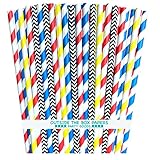 Outside the Box Papers Superhero Theme Chevron and Striped Paper Straws 7.75 Inches 100 Pack Red, Blue, Black, Yellow, White