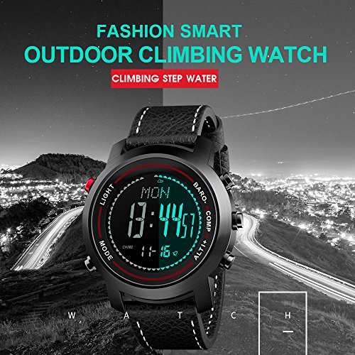 Men Digital Watches with Compass Pedometer Altimeter Barometer Black Leather Band