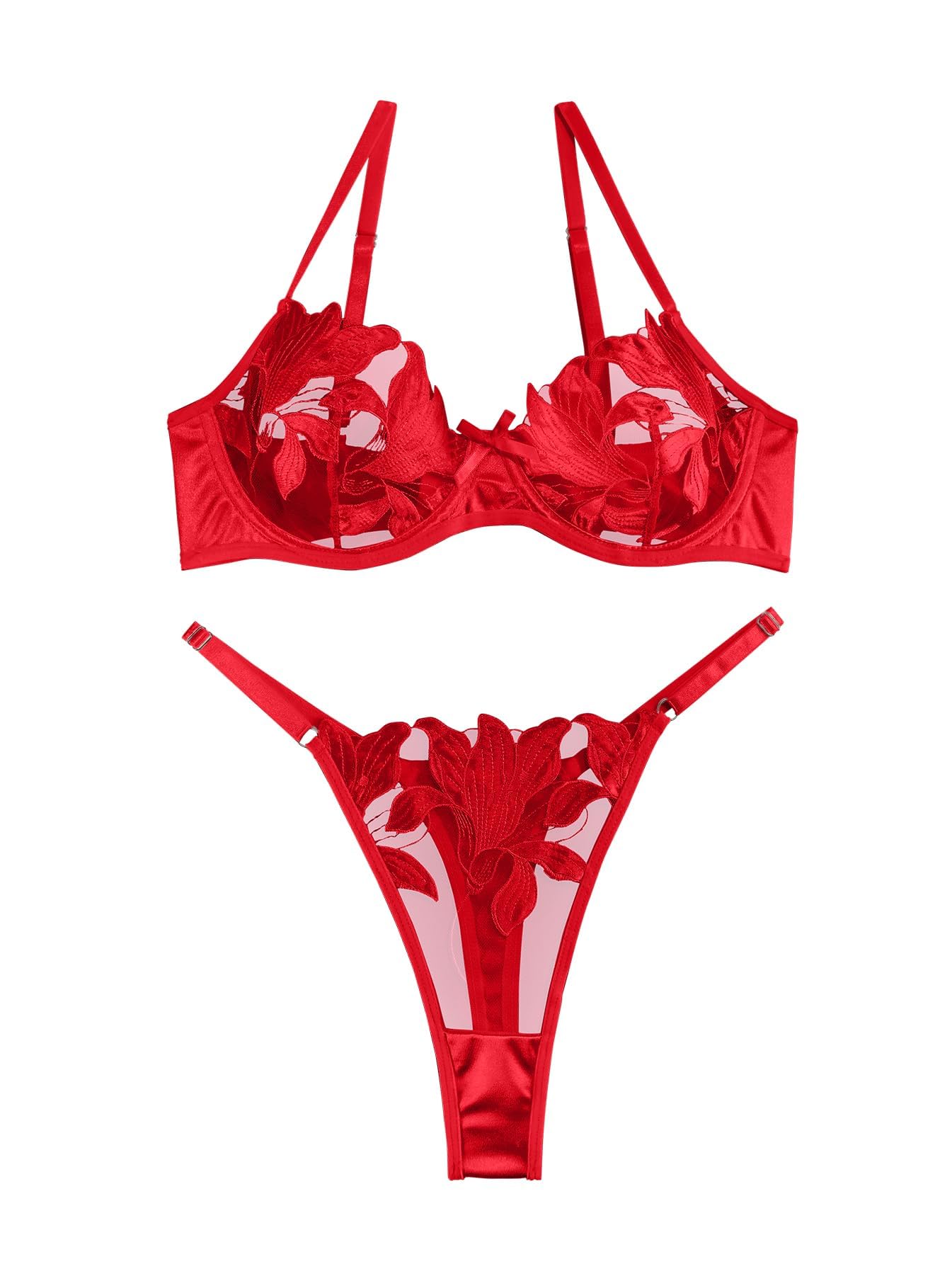Photo 1 of Lilosy Sexy Satin Mesh Floral Sheer Embroidered Underwire Lingerie Set 2 Piece Women Push Up See Through Matching Bra Panty Red Large