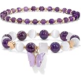 GolbalJew Amethyst Bracelet For Women Anxiety Amethyst Beaded Bracelets Butterfly Charms Healing Stone Layered Bracelet Gifts For Women