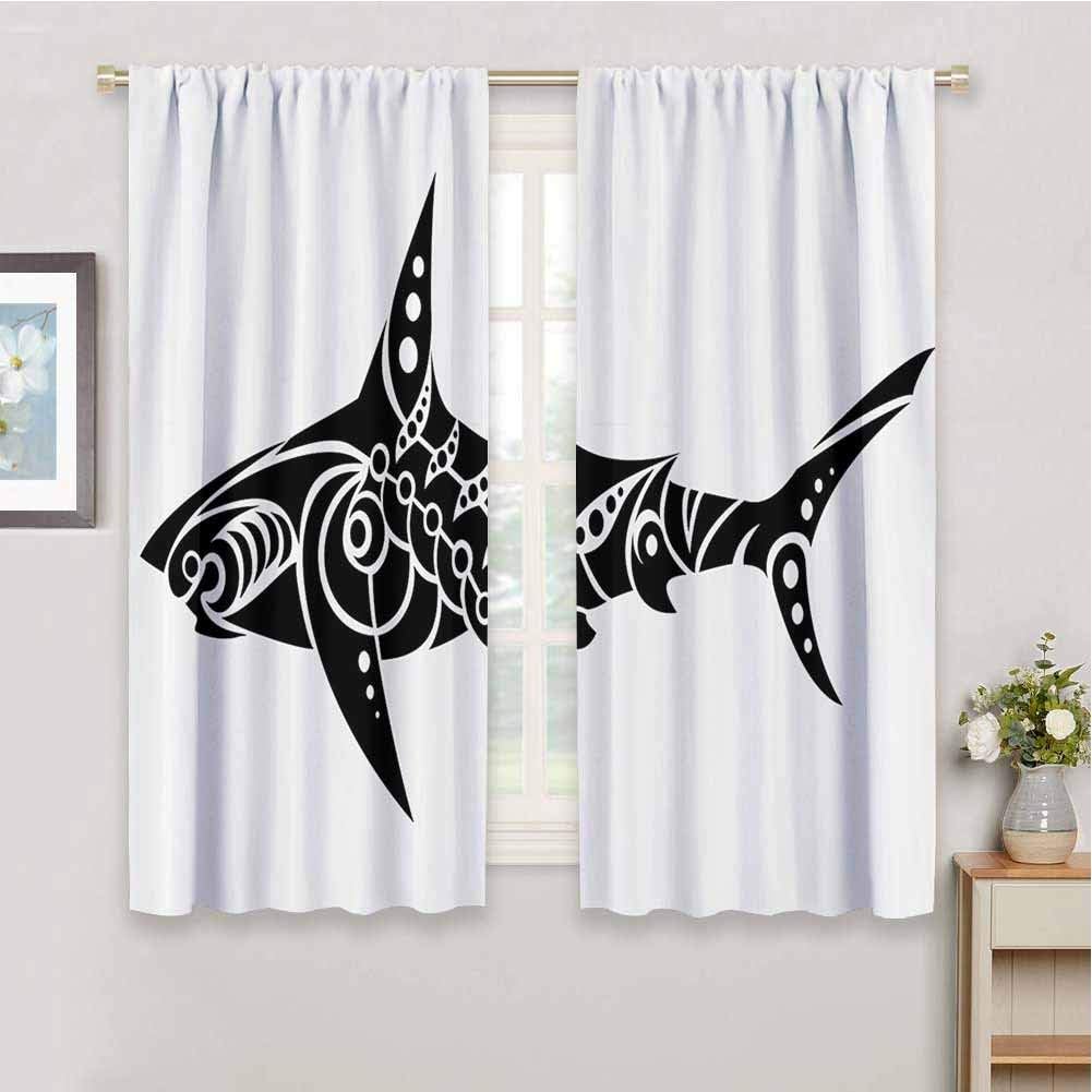 Living Room Curtain Tribal Shark Tattoo Design in Black and White Under The Sea Wildlife Theme Fish Artwork Noise Reduction W55 x L39