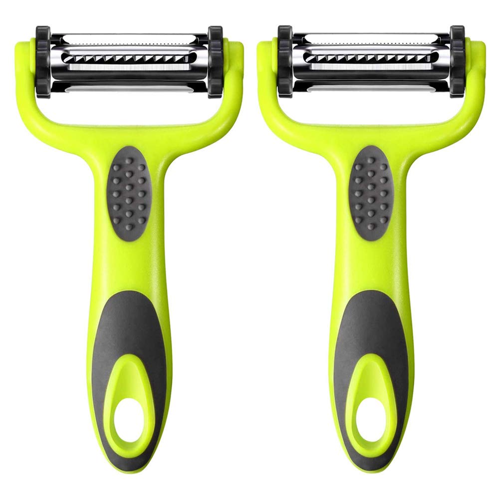 Aiqeer 2 Pcs 3 in 1 Multifunction Peelers Set, Vegetable & Fruit Peeler, Swivel Peeler, Carrot & Potato Peeler, with 3 Rotatable Stainless Steel Blades and Ergonomically Non-Slip Green Handle