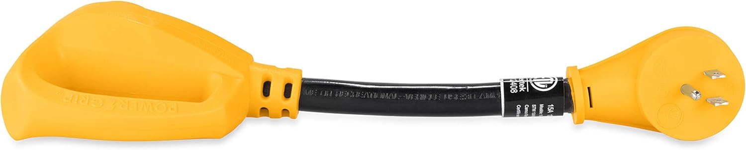 Camco (55165) Heavy Duty RV Dogbone Electrical Adapter with Innovative 180 Degree Bend Design and Easy PowerGrip Handle - 15 Amp Male to 30 Amp Female, 12": Automotive