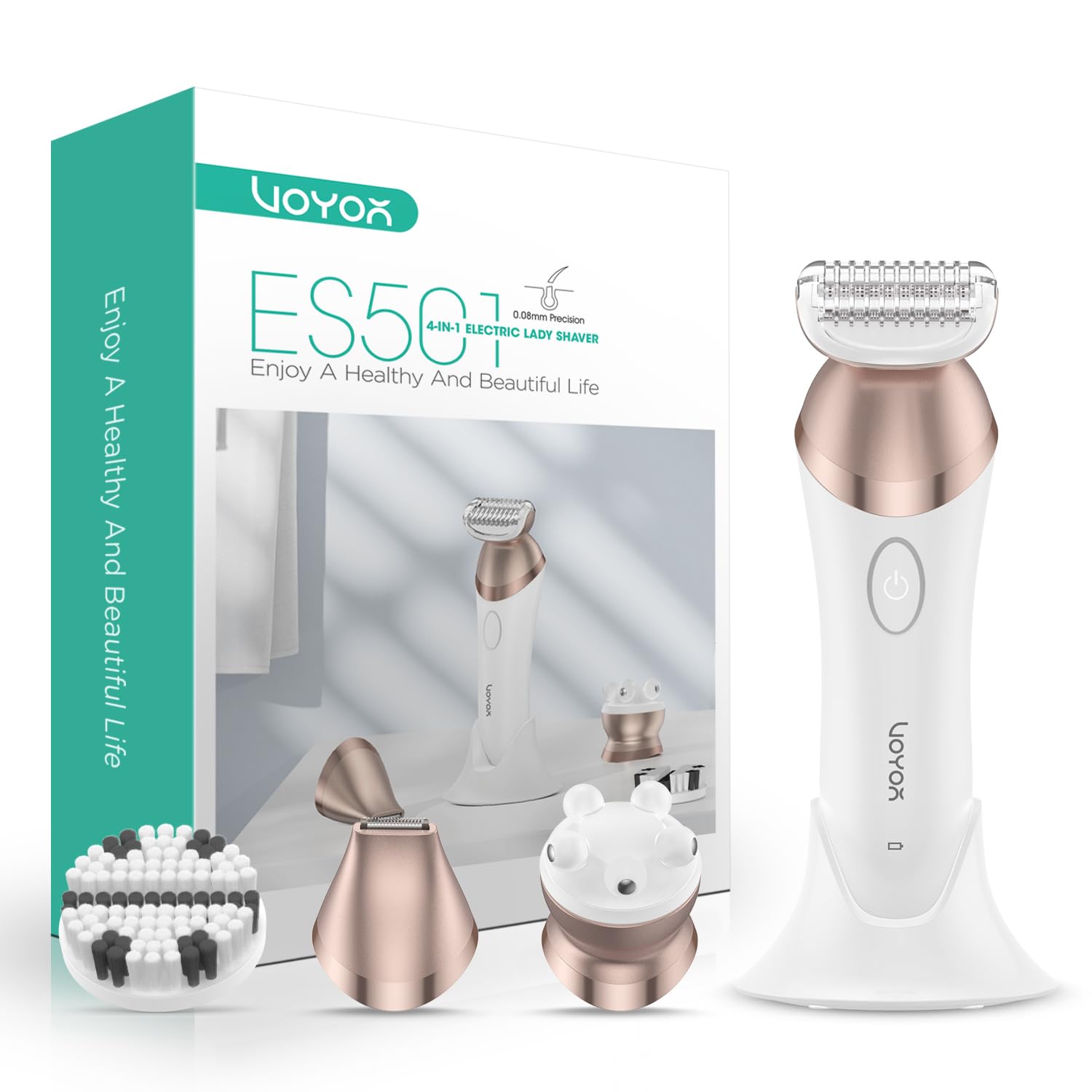 VOYOR Lady Shavers for Women Bikini Trimmer 4 in 1 Cordless Electric Razor Rechargeable Wet & Dry Lady Shaver with 2 Speeds for Full Body, Pubic Hair Trimmer,Cleansing,Massage ES501 (Champagne Gold)