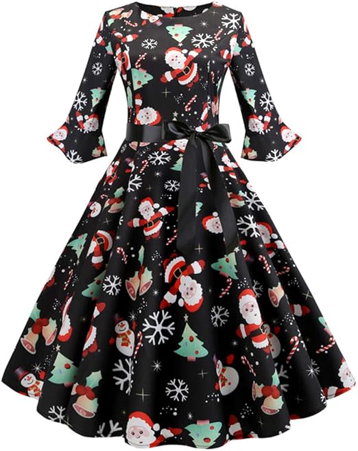 Womens Ladies Christmas Dress 1950s Vintage Retro Rockabilly 3/4