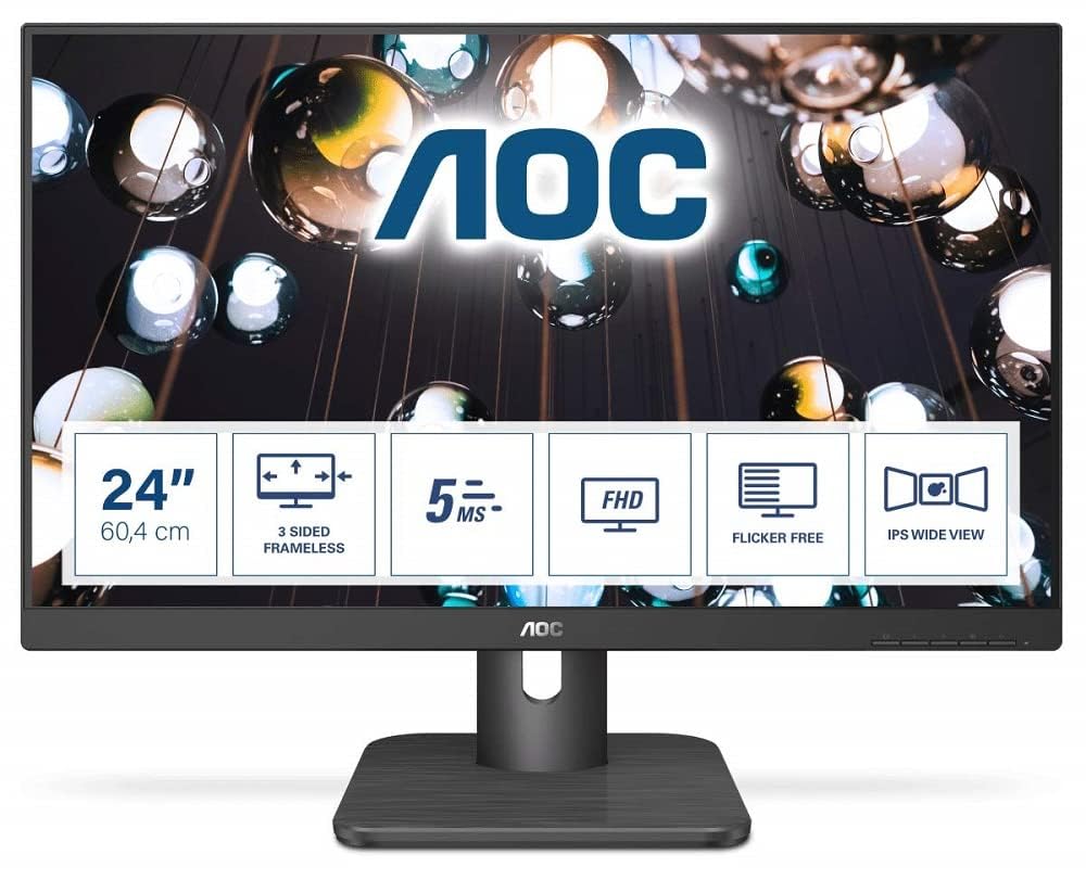 AOC 24E1Q - 24" FHD Monitor, 60Hz, 5ms, IPS, Speakers, FlickerFree, frameless Design (1920x1080 @ 60Hz, 250cd/m², HDMI/VGA/DP), Black