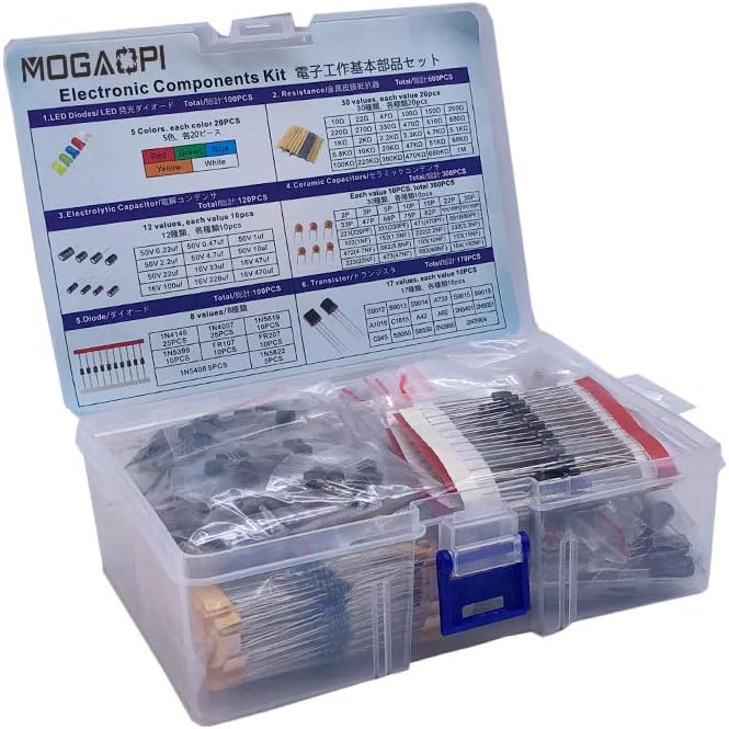 MOGAOPI Electronic Component Kit 1390 Pcs Diodes Resistors Capacitors