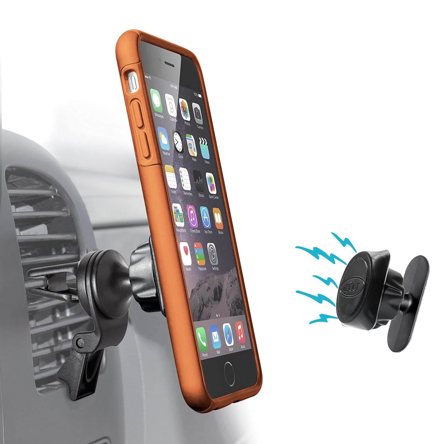 iBOLT magDock 360 - Universal Magnet car mount with 2 different mounting options. Works with most phones and most Cases Works with no case up to Otterbox defender and Lifeproof cases.