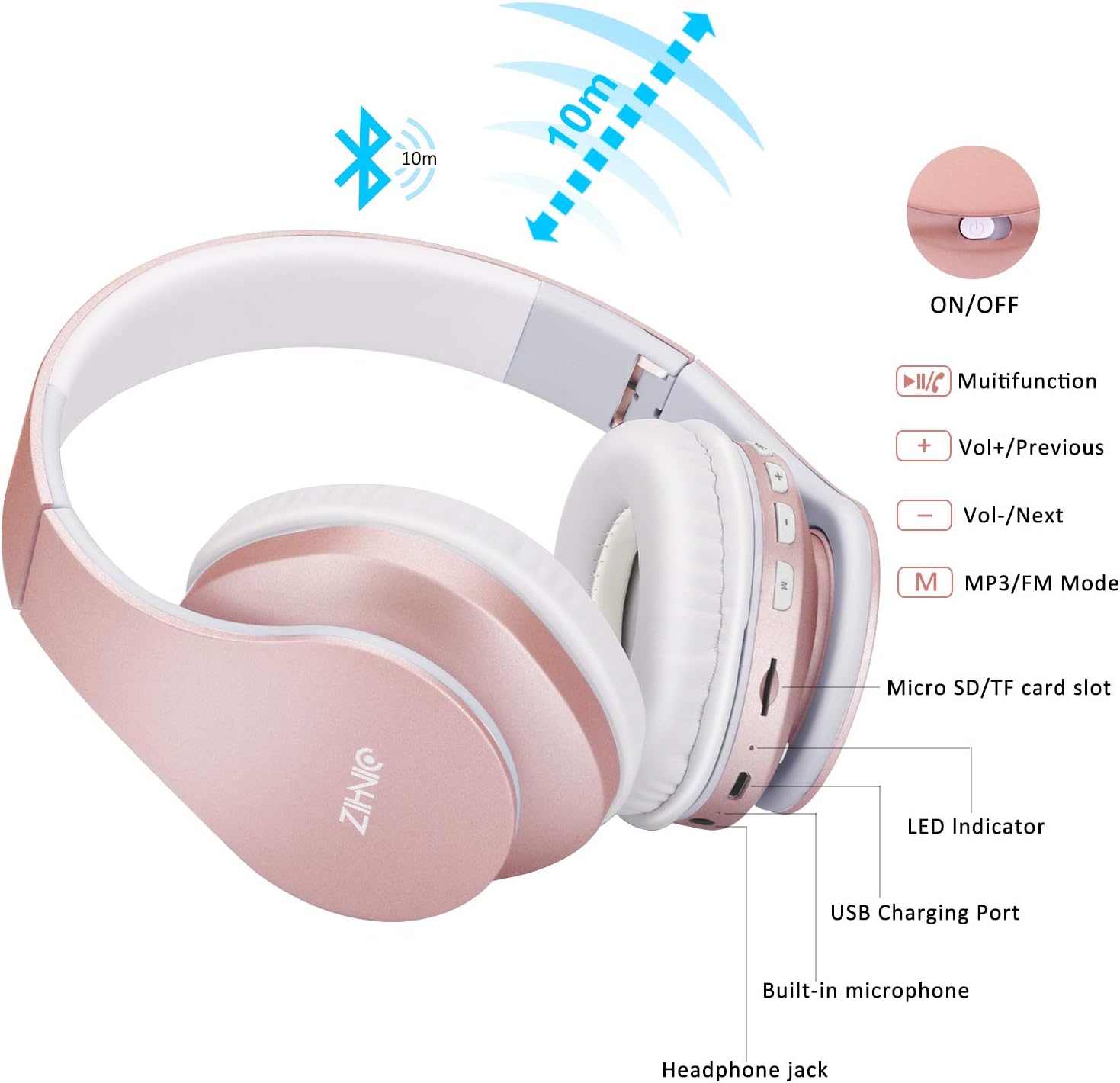 Bluetooth Over-Ear Headphones, Zihnic Foldable Wireless and Wired Stereo Headset Micro SD/TF, FM for Cell Phone,PC,Soft Earmuffs &Light Weight for Prolonged Waring (Rose Gold)