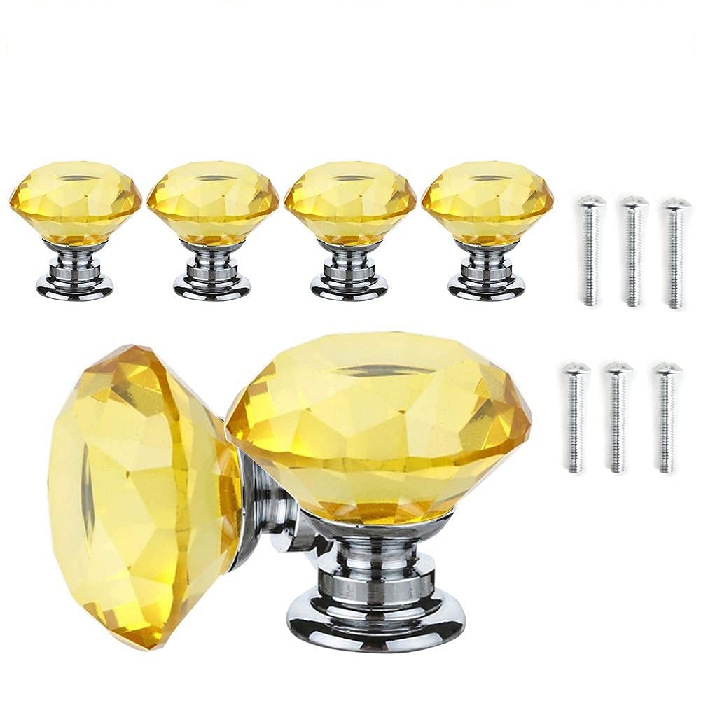 ANSIEDIO Yellow Crystal Drawer Knobs - 6 PCS 30MM Glass Drawer Handles Crystal Cupboard Knobs Diamond Pulls with Screws for Kitchen Office Chest Cabinet Drawer