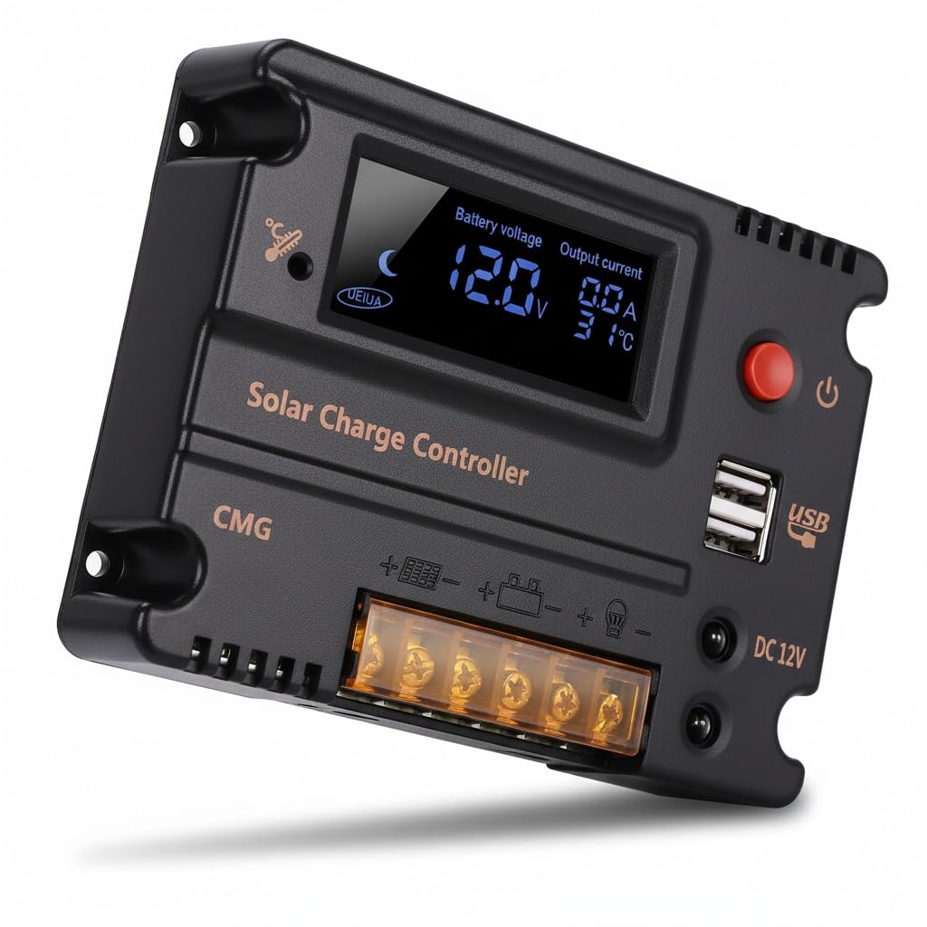 Fuhuihe 10A 12V/24V Solar Charge Controller, Solar Panel Battery Intelligent Regulator with Auto Switch, LCD Display Intelligent USB Port, Overload Protection &Temperature Compensation