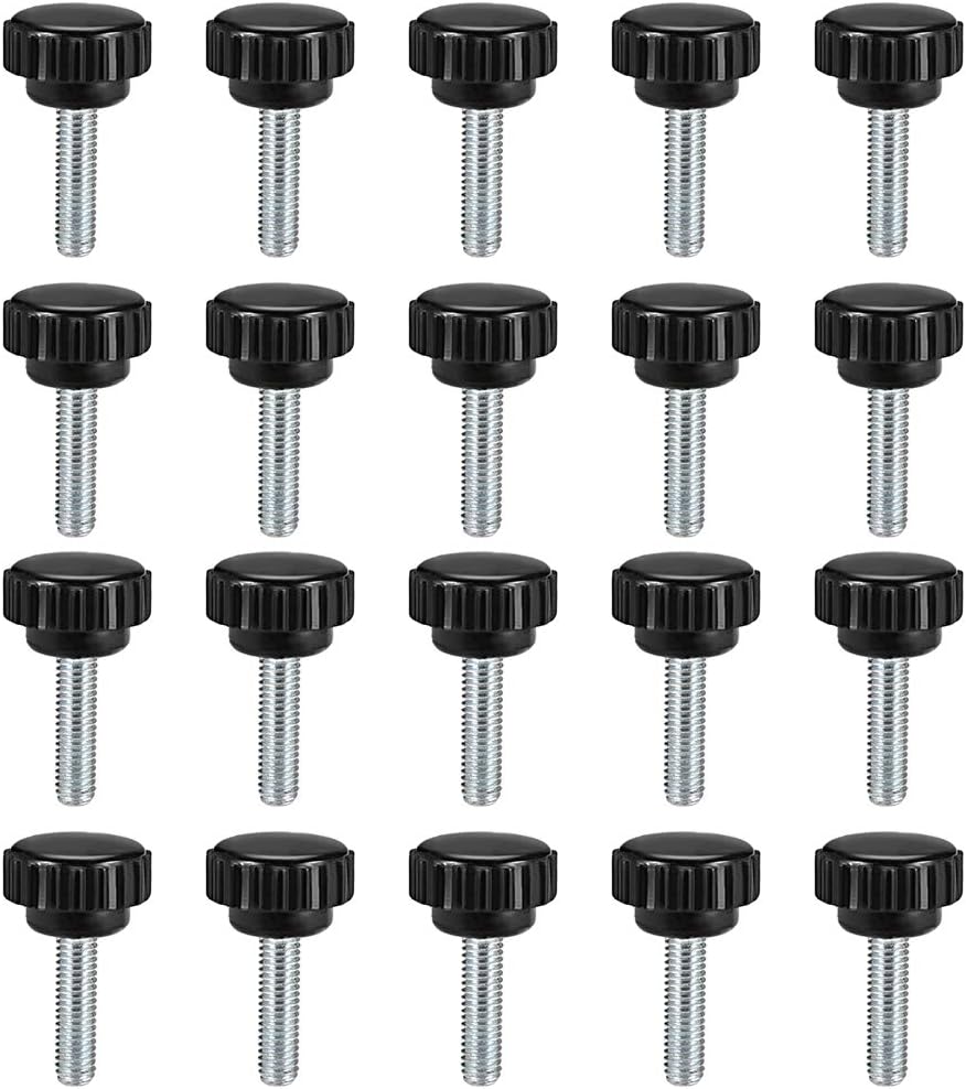 sourcing map M6 x 20mm Metric Male Thread Knurled Clamping Knobs Grip Thumb Screw on Type Plastic Threaded Hand Bolt Knobs Black 20 Pcs