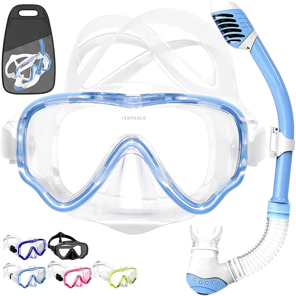 Tyuodna Dry Snorkel Set, 180° Wide View Diving Goggle, Anti-Fog Anti-Leak Tempered Glass Children Safety Scuba Diving Mask, Easy Breathing Face Snorkel Mask Snorkelling Gear for Kids junior (Blue)