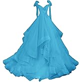 DLWPSC Tiered Tulle Prom Dresses Long Ball Gown Quinceanera Formal Evening Gowns for Women Teens with Bow