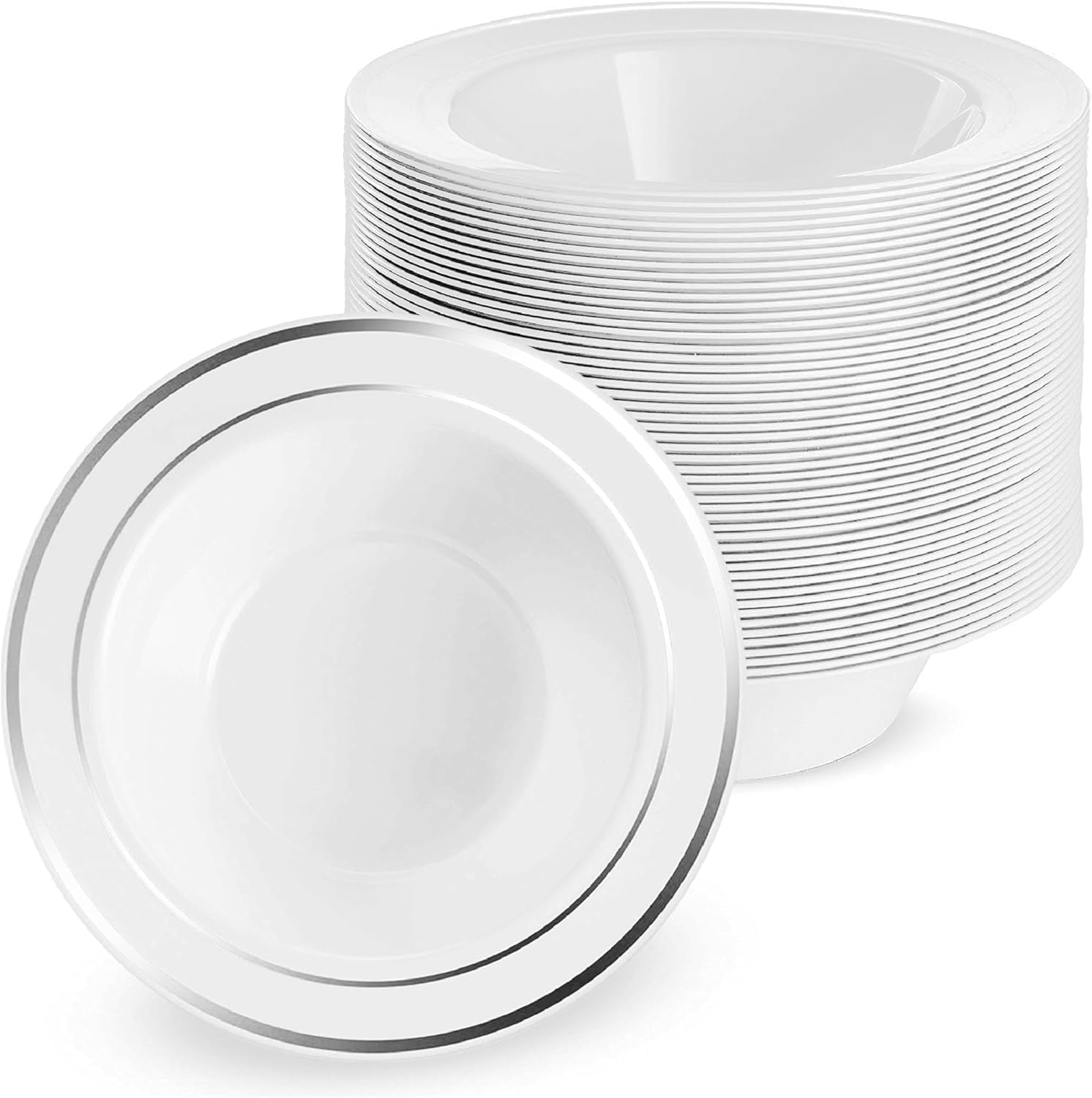 MATANA 25 Premium White Plastic Bowls with Silver Rim (360ml) – Sturdy & Reusable – Party Bowls for Soup, Dessert, Weddings, Birthdays, Buffet, Catering & Parties
