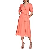 DKNY Womens 3/4 Sleeve Faux Wrap Dress