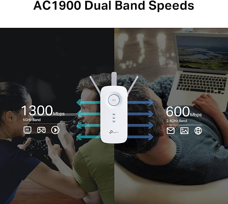 Répéteur WiFi Puissant 1900 Mbps, Couvre jusqu'à 150 m², RE550