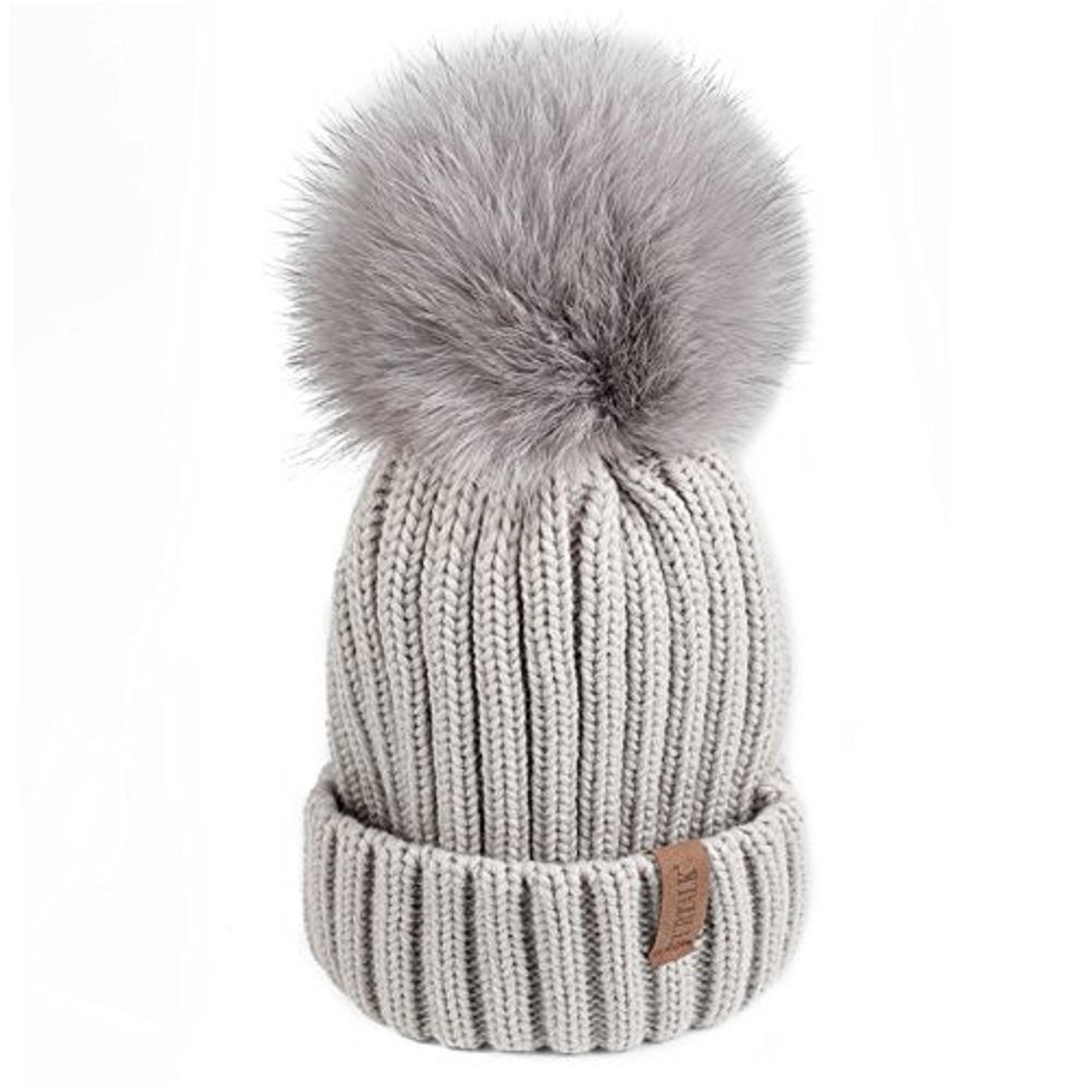 Amazon Com Furtalk Winter Knit Hat Real Raccoon Fur Pom Pom Raccoon Fur Pom Pom Hat Babywinter Hat That Covers Earsbaby Boy Double Pom Pom Hat