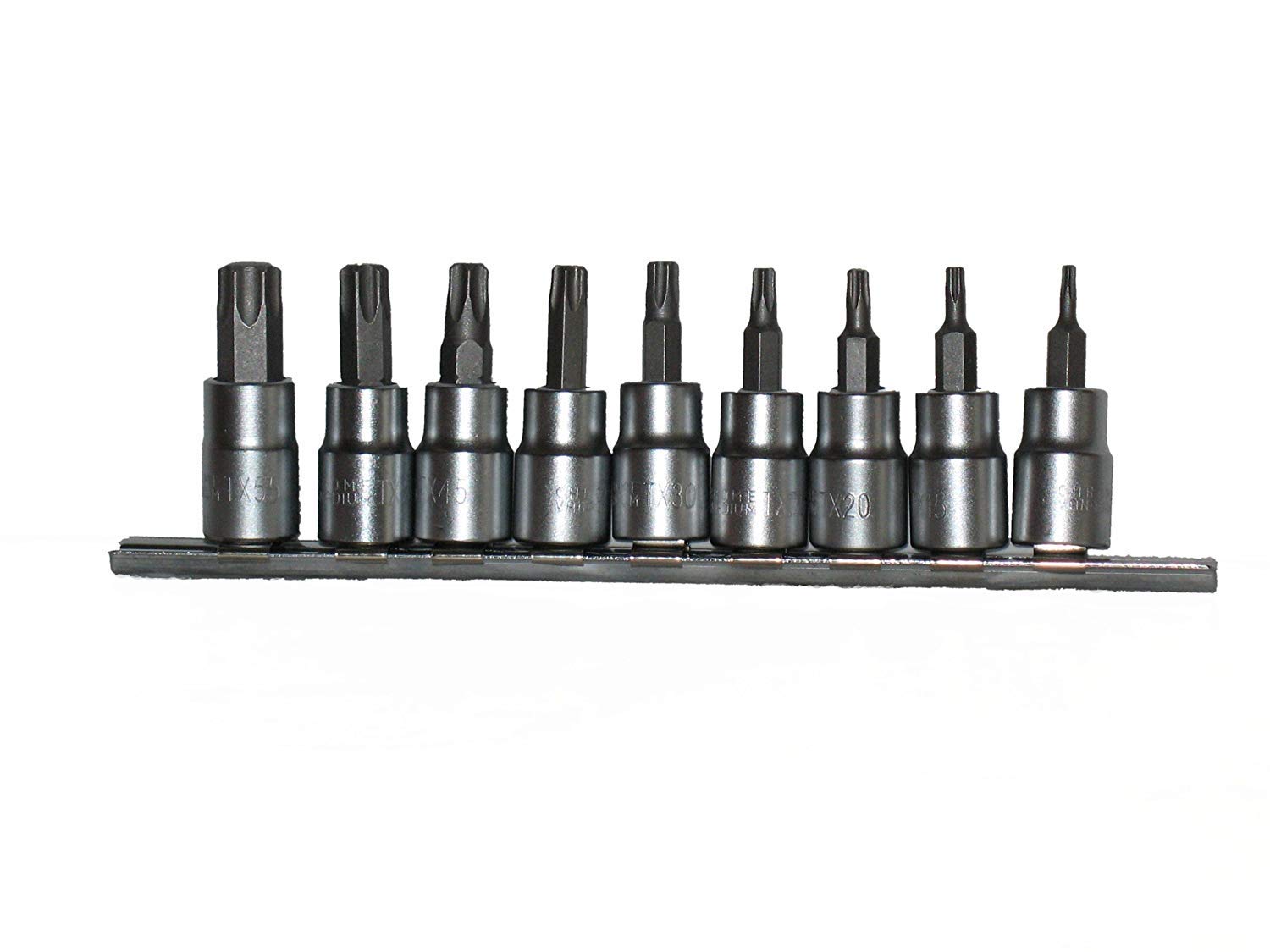Neilsen CT0733 9pc 3/8in Drive Star Bit Set T10, T15, T20, T25, T30, T40, T45, T50, T55 with Rail for Star Fasteners
