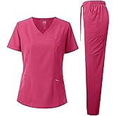 Dagacci Medical Uniform Women's Scrub Set 4-Way Stretch Y-Neck Stitch Tape Top and Pants