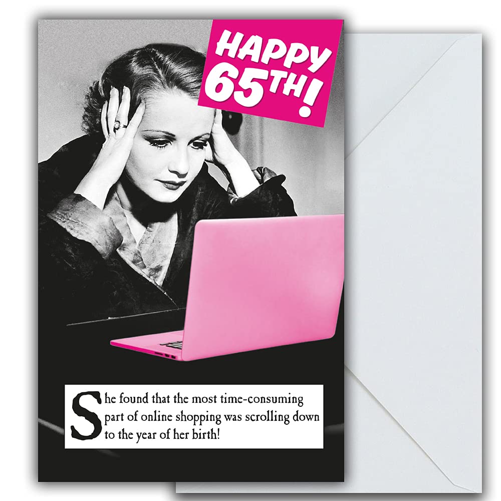 On The Ceiling Funny 65th Birthday Card For Her, Age 65 Friend Birthday Card, Scrolling Down to the Year of her Birth!..., Black& Pink