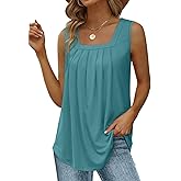 Saloogoe Summer Tank Tops for Women Loose Fit Pleated Square Neck Sleeveless Tops Curved Hem Flowy