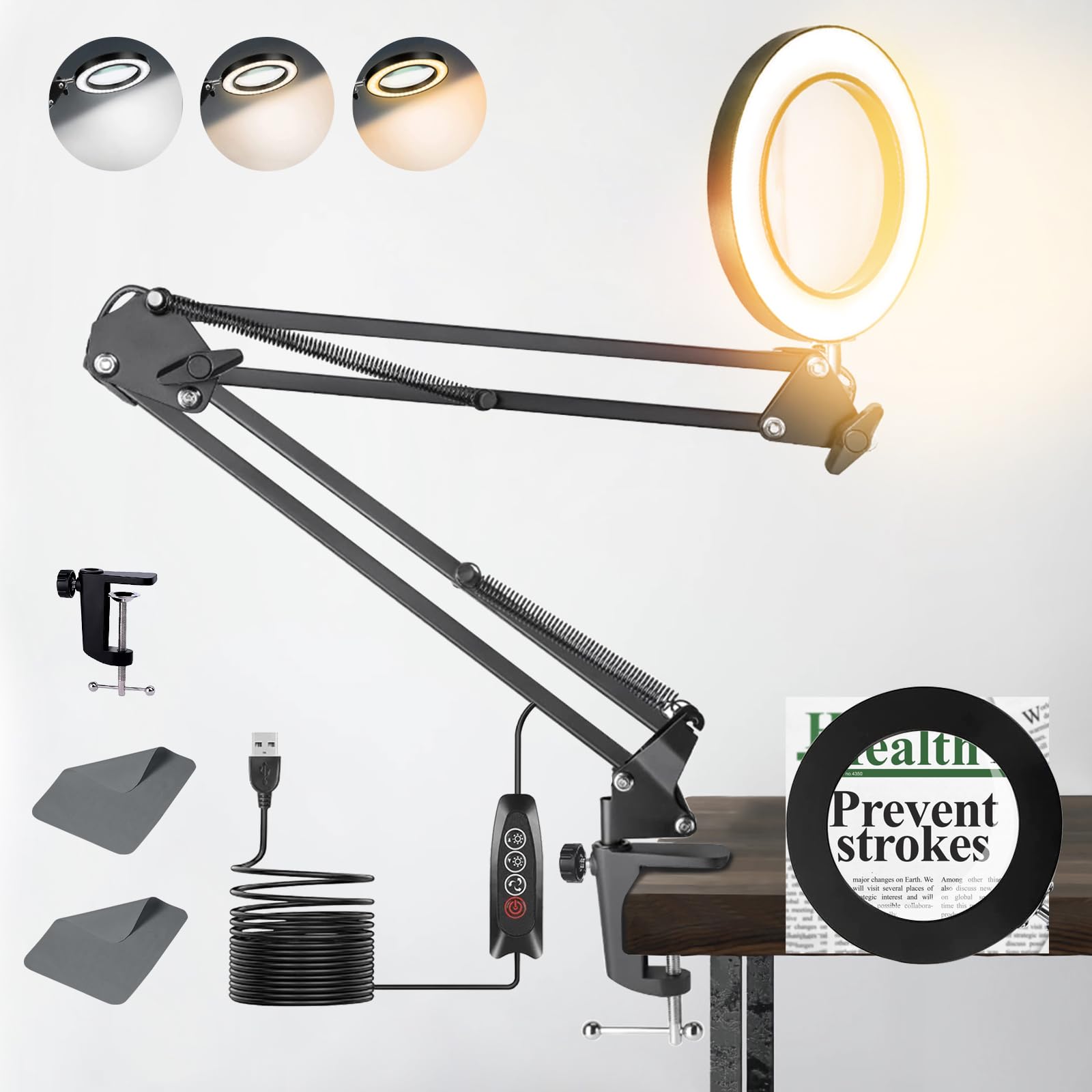 10X Magnifying Glass with Light, 3 Color Modes Stepless Dimmable Lighted Magnifier Clamp Lamp, Adjustable Arm 4.3" Diameter Real Glass Lens LED Magnifying Glasses for Diamond Art Hobbies Reading Work