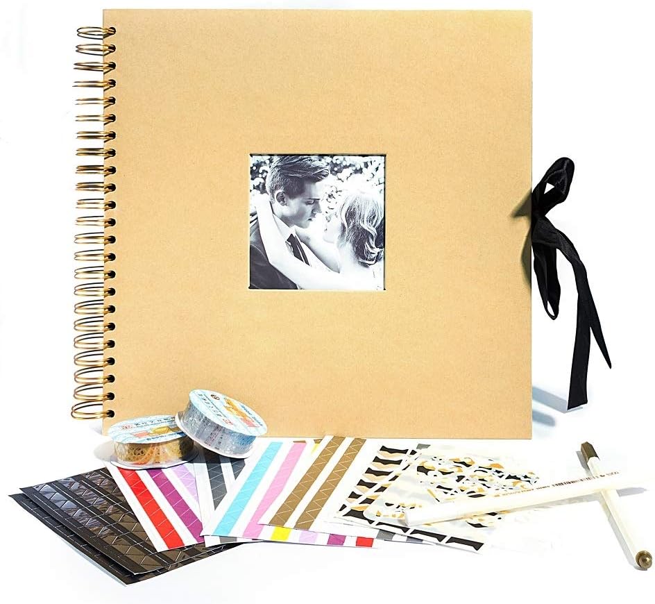 Potricher 10x10 Inch Scrapbook Album with Photo Opening for Valentines Day Gifts Wedding Guest Book, Memory Scrapbooking, 80 Black Pages (40 Sheets) with DIY Accessories Kit