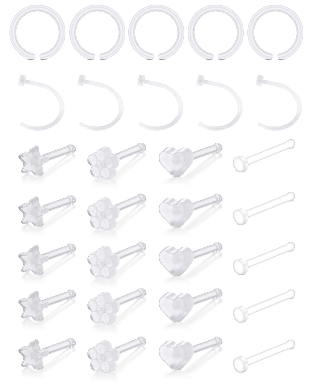 Funseedrr 30pcs Clear Nose Studs Rings Retainer 20G 18G 8mm Acrylic Flexible Pins Bone L Shaped Screw Set Nose Nostril Septum Piercing Hoops Bars