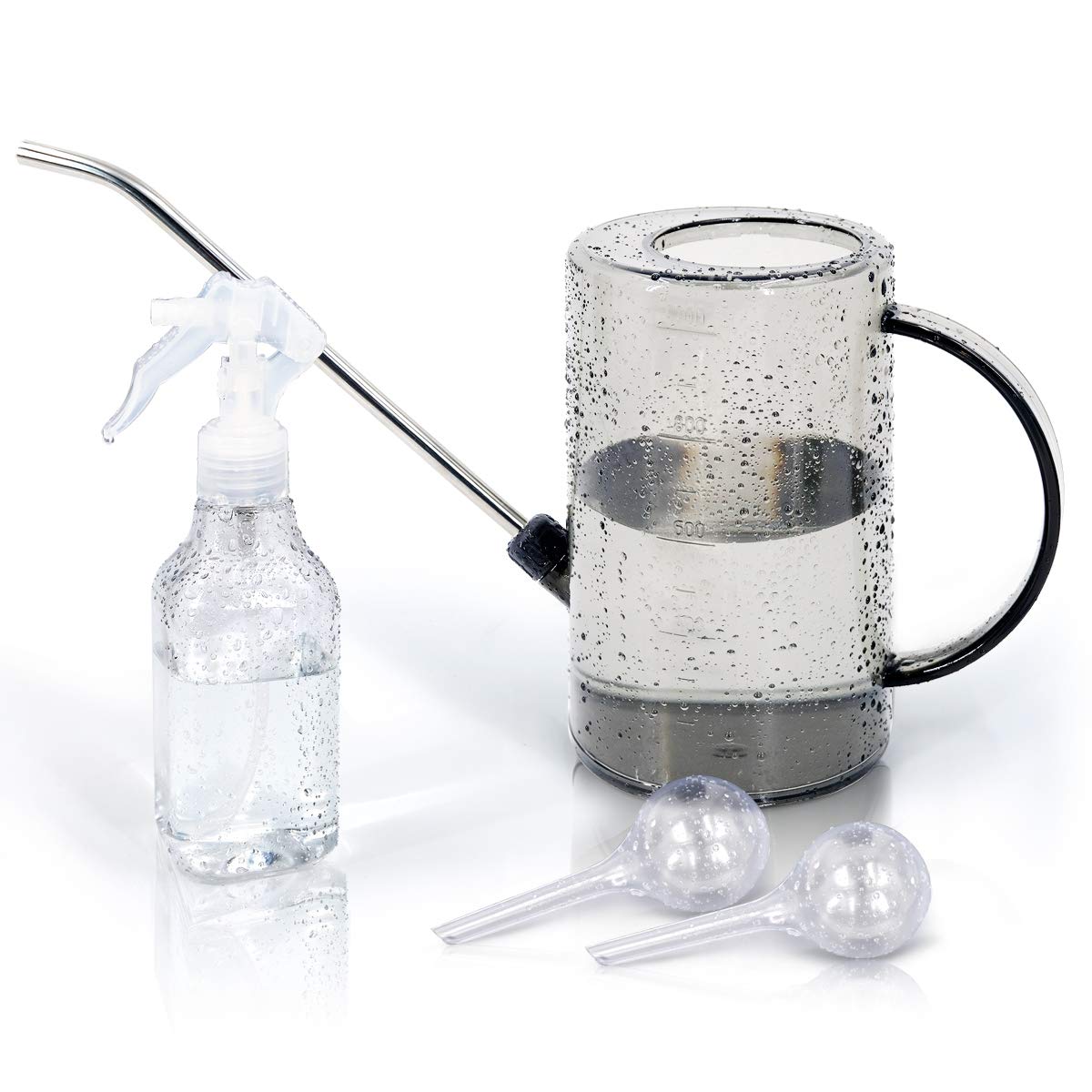 Jardineer Plant Watering Can Indoor - Watering Pot Long Spout with Spray Bottle and Automatic Watering Globes for Watering Indoor Outdoor Plants Flowers (1L Grey)